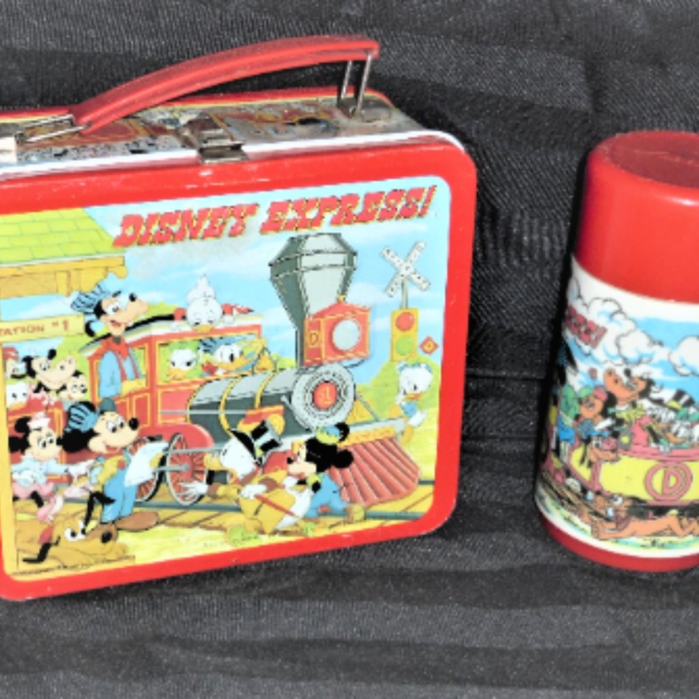 BN11 RARE Walt DISNEY EXPRESS Metal LUNCH BOX Thermos Mickey Mouse Minnie Mouse